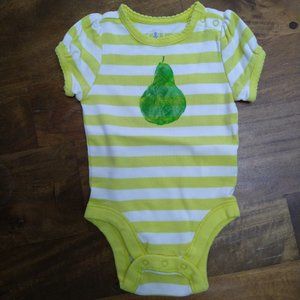 New striped onesie, hand-decorated pear